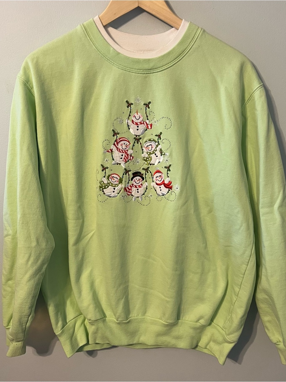 Vintage Embroidered Snowman Sweatshirt Women’s L Christmas Crewneck Pale Green